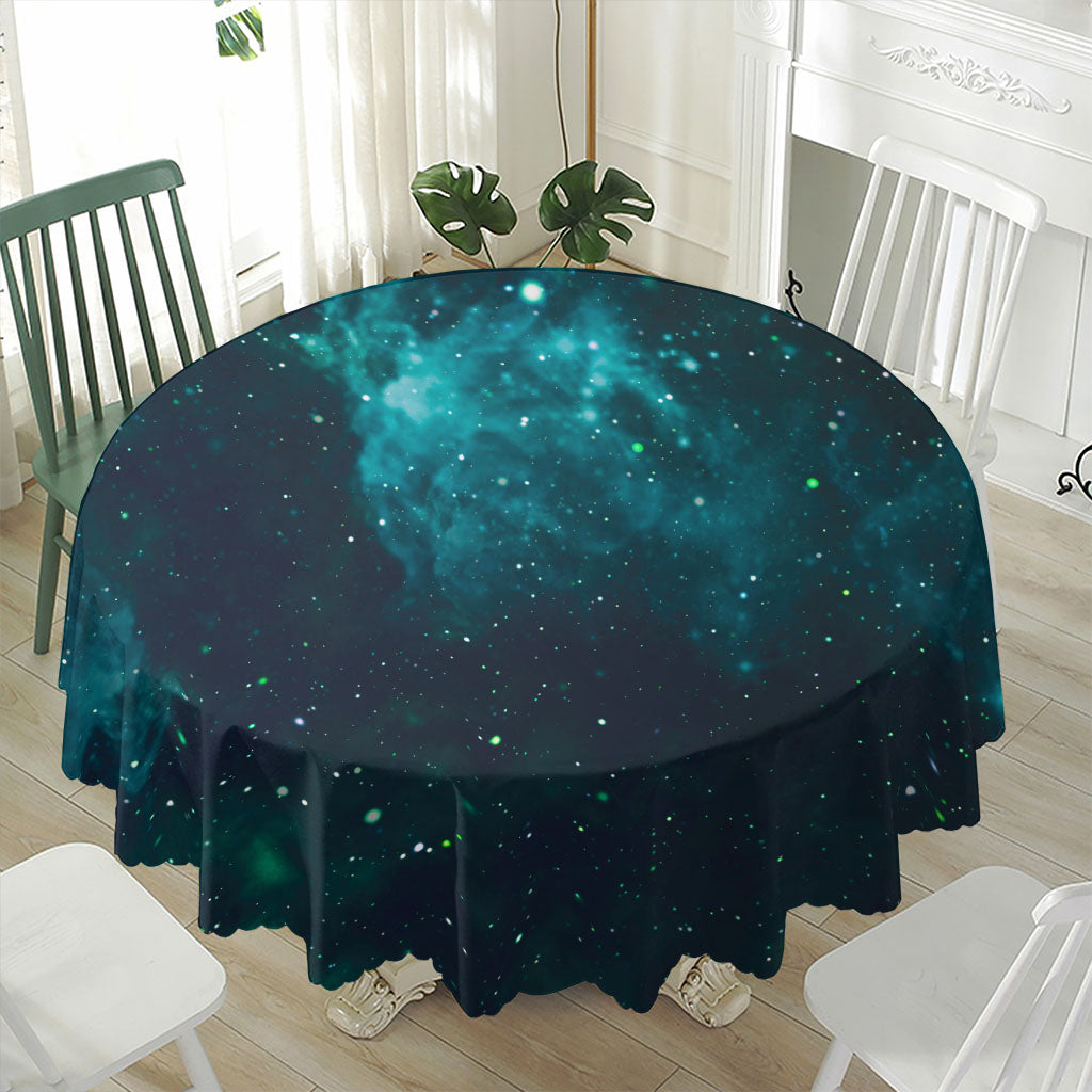 Dark Teal Galaxy Space Print Waterproof Round Tablecloth