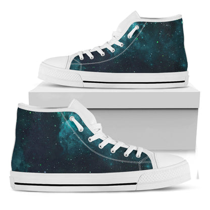 Dark Teal Galaxy Space Print White High Top Sneakers