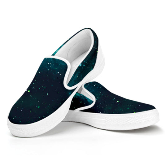 Dark Teal Galaxy Space Print White Slip On Sneakers