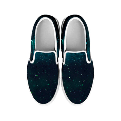 Dark Teal Galaxy Space Print White Slip On Sneakers