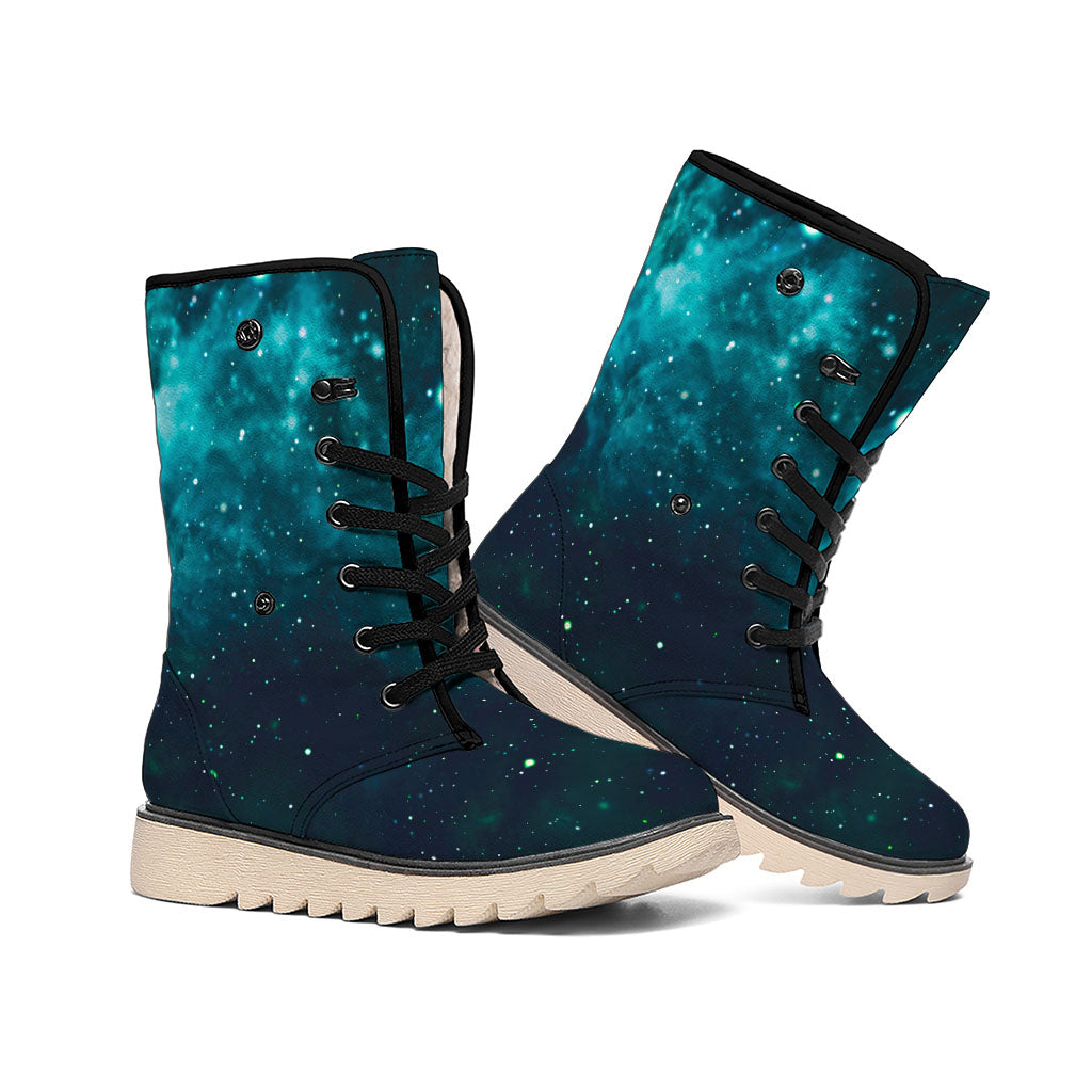 Dark Teal Galaxy Space Print Winter Boots