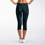 Dark Teal Galaxy Space Print Women's Capri Leggings