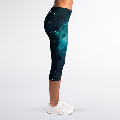 Dark Teal Galaxy Space Print Women's Capri Leggings