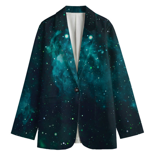 Dark Teal Galaxy Space Print Women's Cotton Blazer