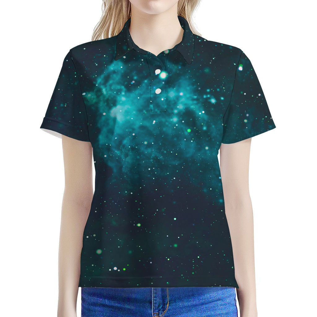 Dark Teal Galaxy Space Print Women's Polo Shirt