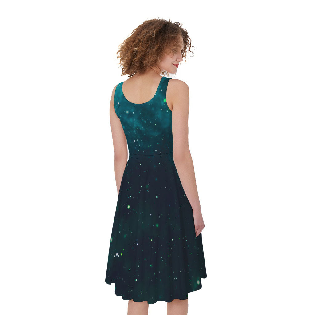 Dark Teal Galaxy Space Print Women's Sleeveless Dress