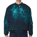 Dark Teal Galaxy Space Print Zip Sleeve Bomber Jacket