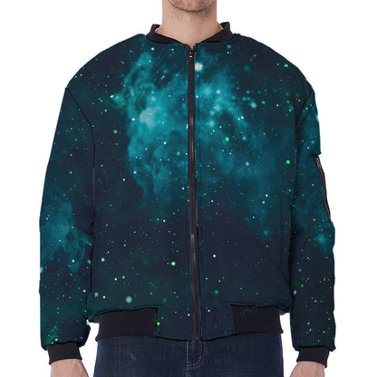 Dark Teal Galaxy Space Print Zip Sleeve Bomber Jacket