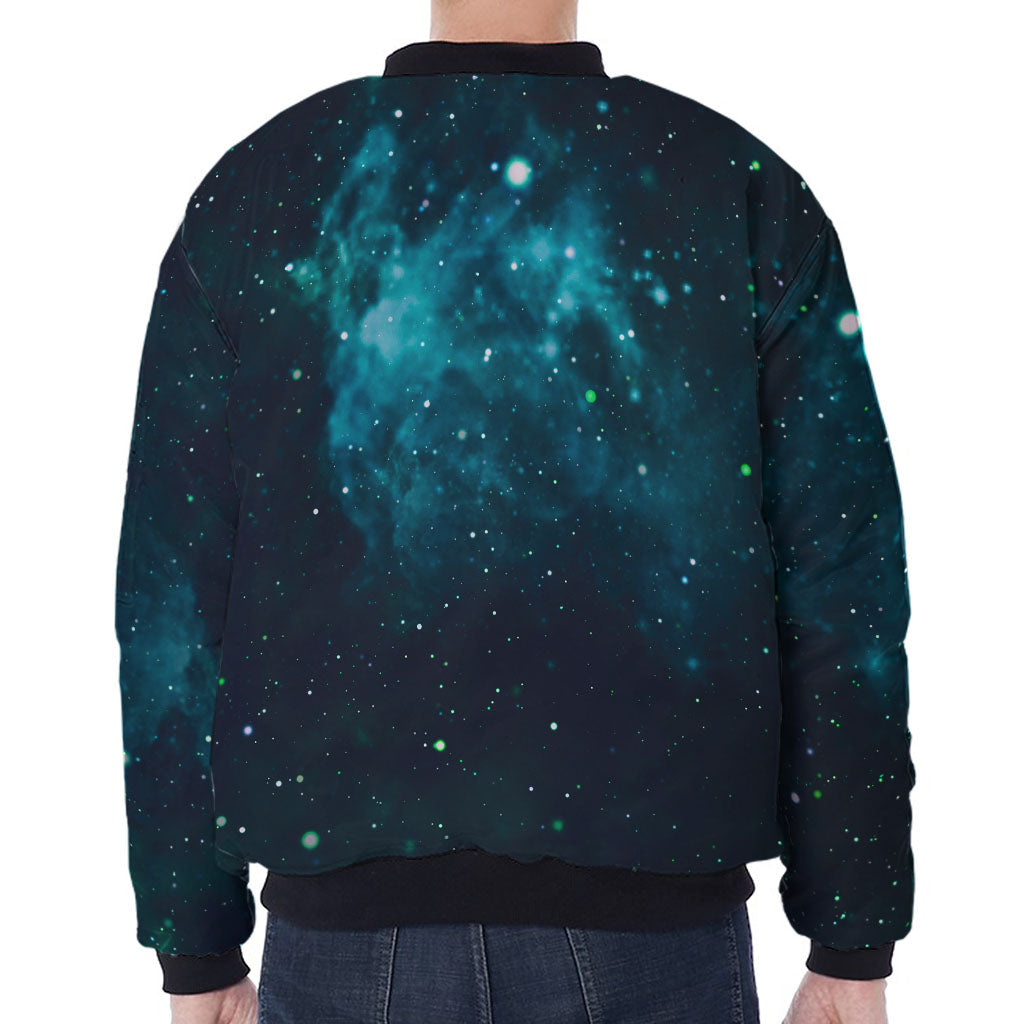 Dark Teal Galaxy Space Print Zip Sleeve Bomber Jacket