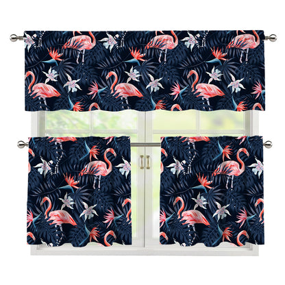 Dark Tropical Flamingo Pattern Print 3 Piece Kitchen Curtains