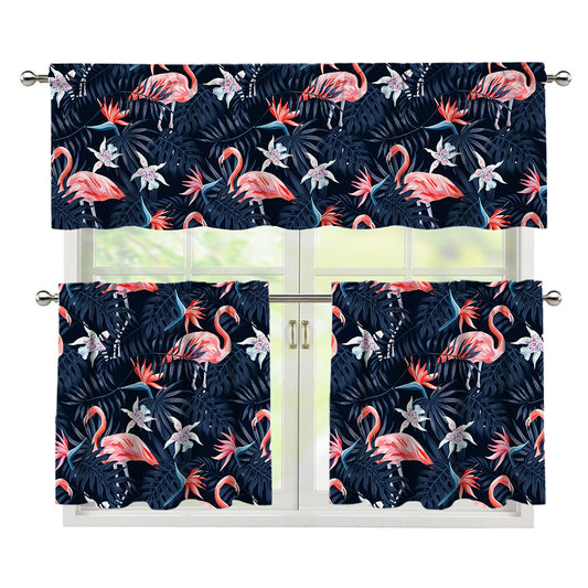Dark Tropical Flamingo Pattern Print 3 Piece Kitchen Curtains