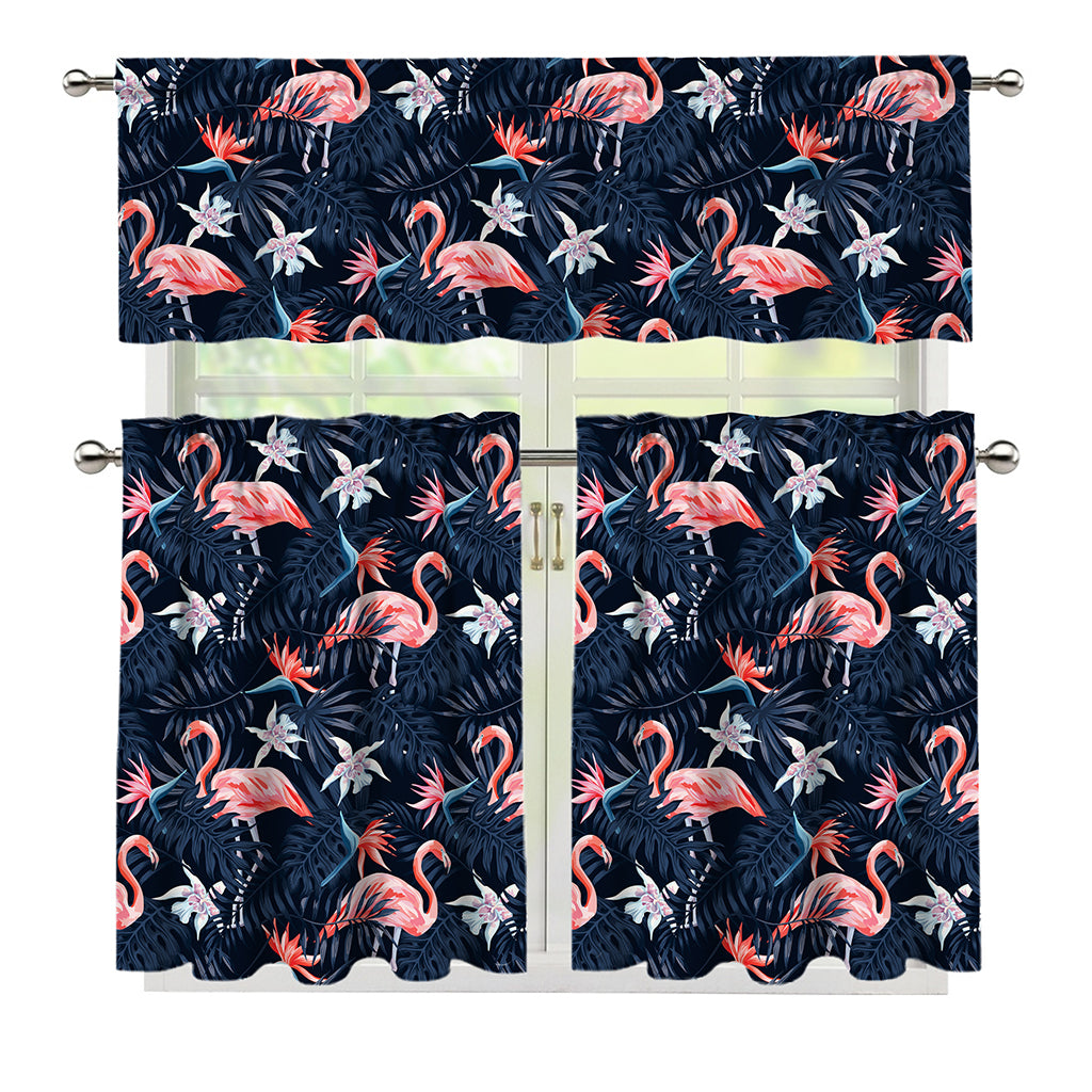 Dark Tropical Flamingo Pattern Print 3 Piece Kitchen Curtains