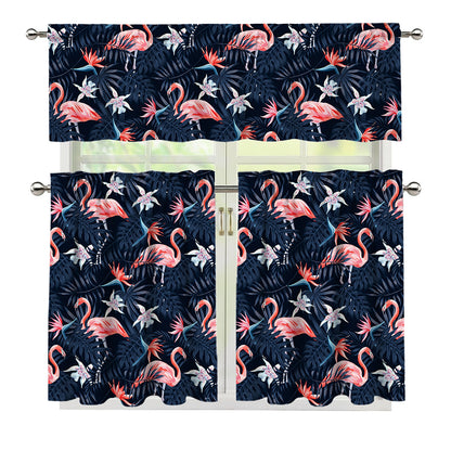 Dark Tropical Flamingo Pattern Print 3 Piece Kitchen Curtains