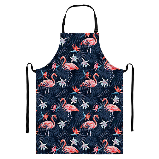 Dark Tropical Flamingo Pattern Print Bib Apron With Pocket
