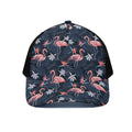 Dark Tropical Flamingo Pattern Print Black Mesh Trucker Hat