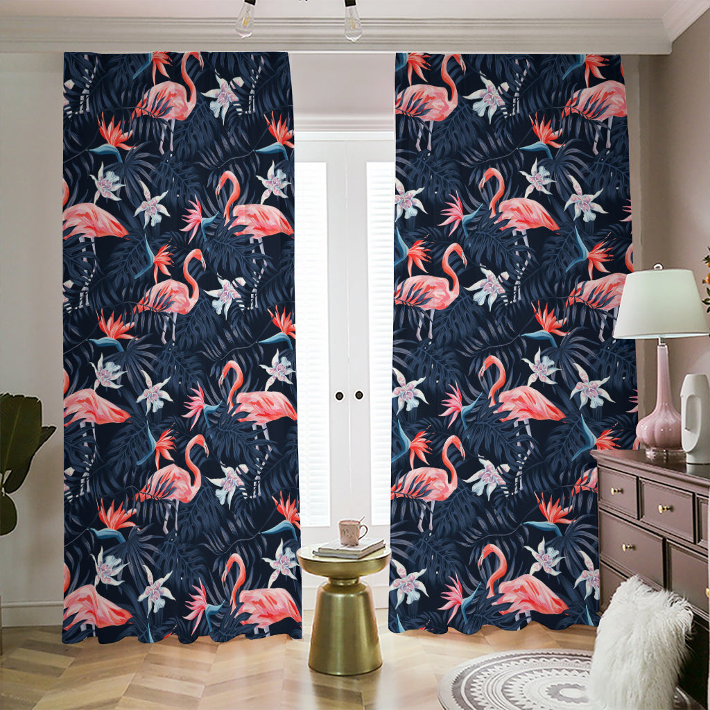 Dark Tropical Flamingo Pattern Print Blackout Pencil Pleat Curtains