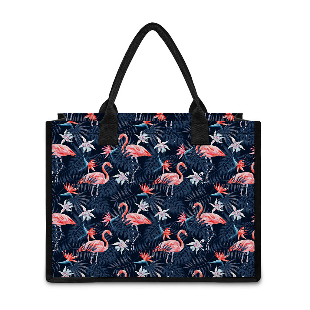 Dark Tropical Flamingo Pattern Print Canvas Tote Bag