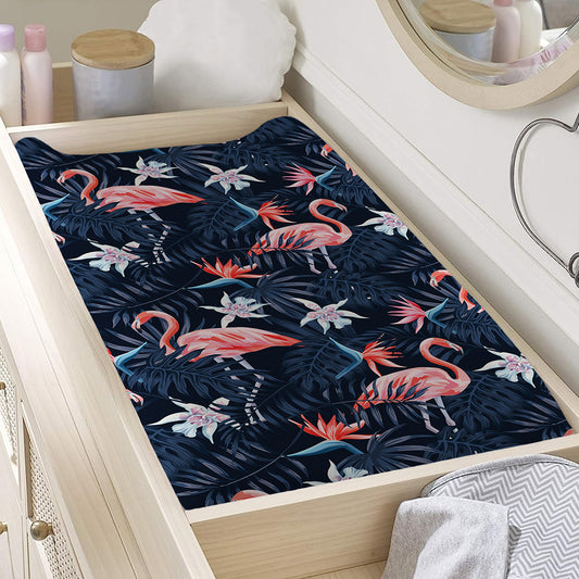 Dark Tropical Flamingo Pattern Print Changing Pad Cover