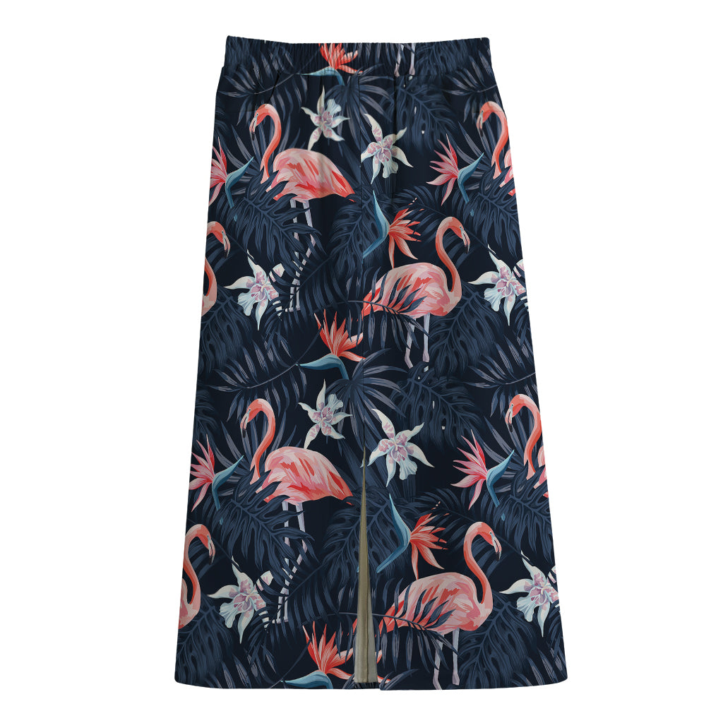 Dark Tropical Flamingo Pattern Print Cotton Front Slit Maxi Skirt