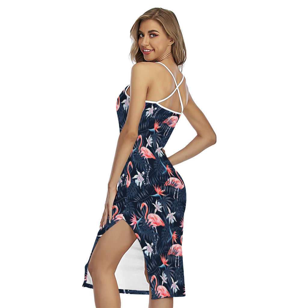 Dark Tropical Flamingo Pattern Print Cross Back Cami Dress