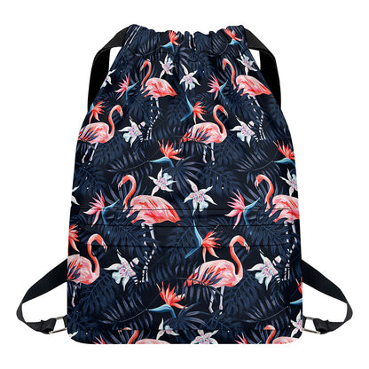Dark Tropical Flamingo Pattern Print Drawstring Backpack