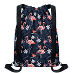 Dark Tropical Flamingo Pattern Print Drawstring Backpack