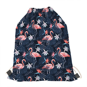 Dark Tropical Flamingo Pattern Print Drawstring Bag