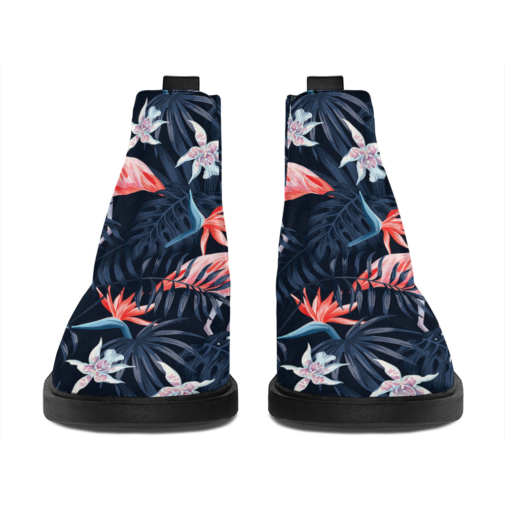 Dark Tropical Flamingo Pattern Print Flat Ankle Boots