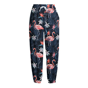 Dark Tropical Flamingo Pattern Print Fleece Lined Knit Pants