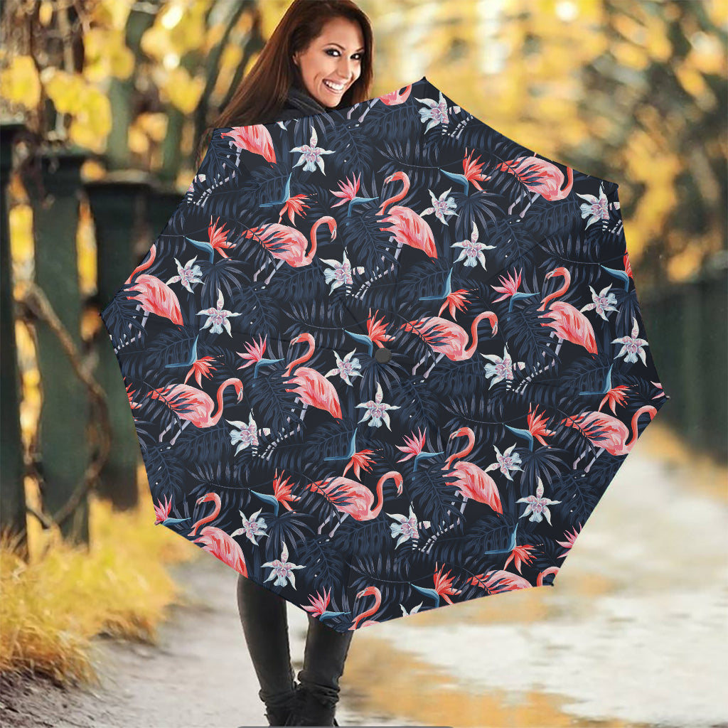 Dark Tropical Flamingo Pattern Print Foldable Umbrella