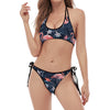 Dark Tropical Flamingo Pattern Print Halter Scoop Tie Side Bikini