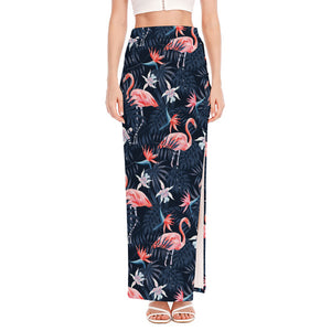 Dark Tropical Flamingo Pattern Print High Slit Maxi Skirt