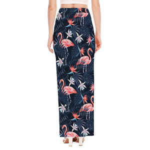 Dark Tropical Flamingo Pattern Print High Slit Maxi Skirt