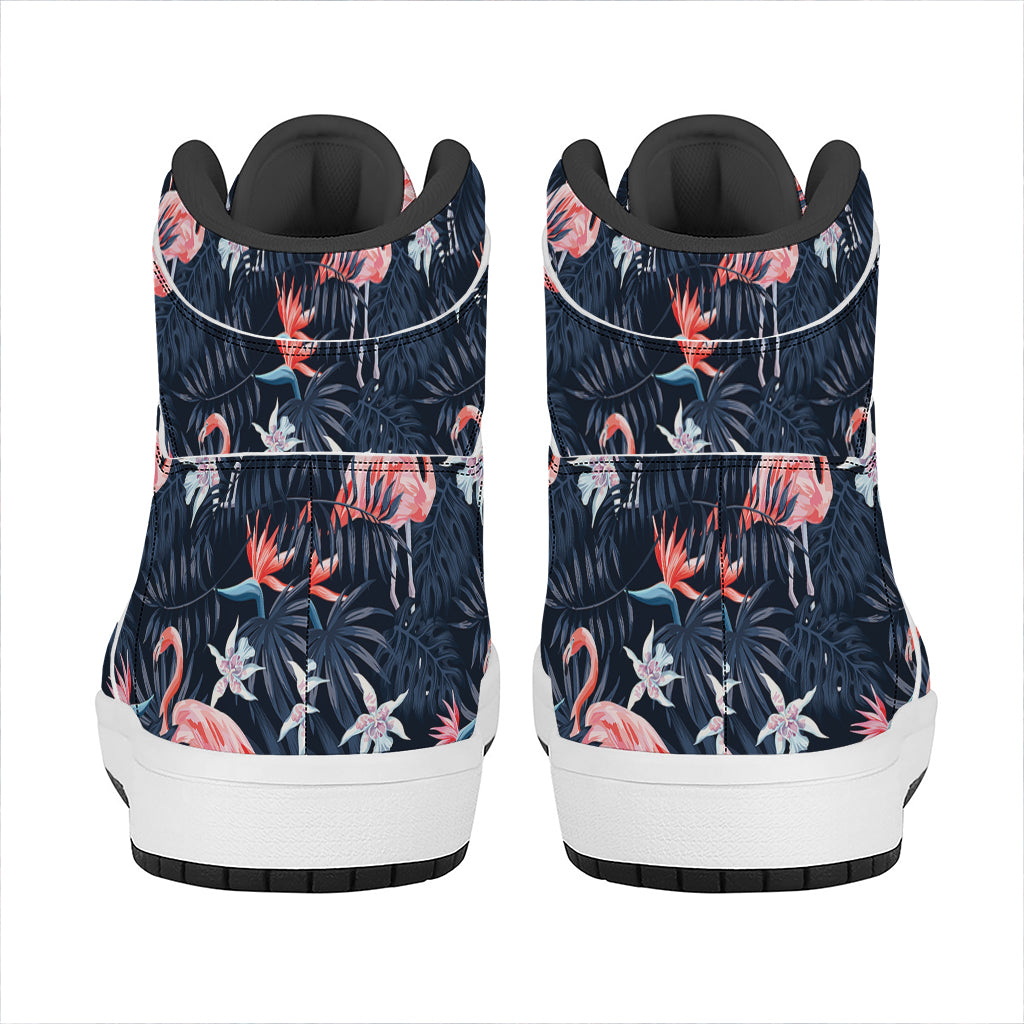 Dark Tropical Flamingo Pattern Print High Top Leather Sneakers
