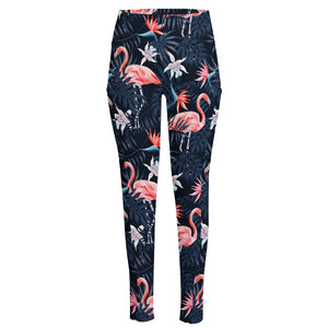 Dark Tropical Flamingo Pattern Print High-Waisted Pocket Leggings