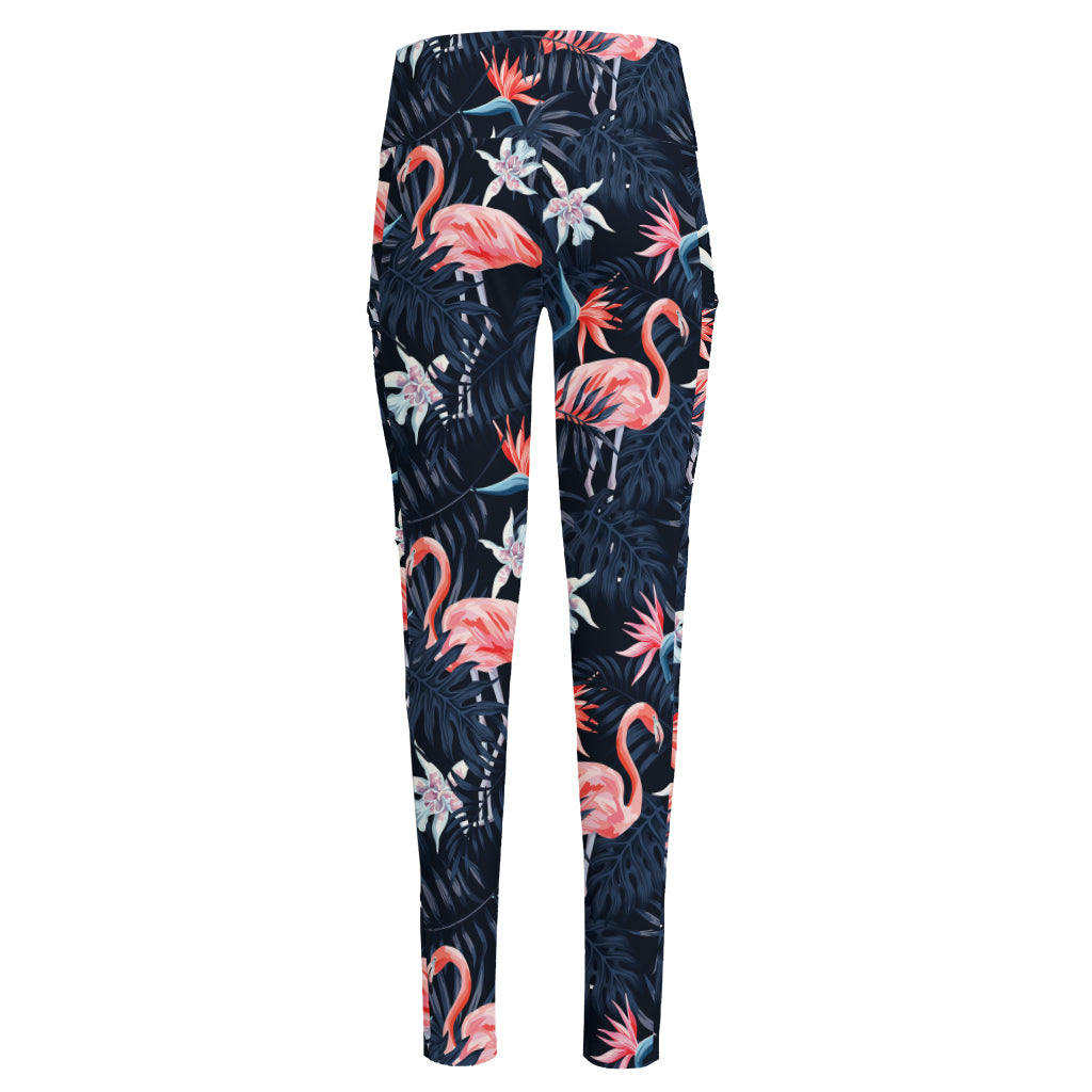 Dark Tropical Flamingo Pattern Print High-Waisted Pocket Leggings