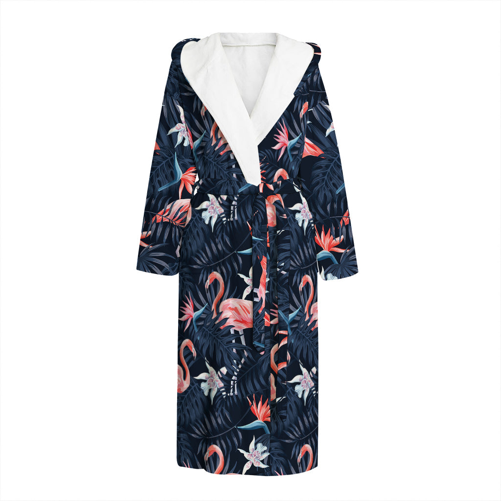 Dark Tropical Flamingo Pattern Print Hooded Bathrobe