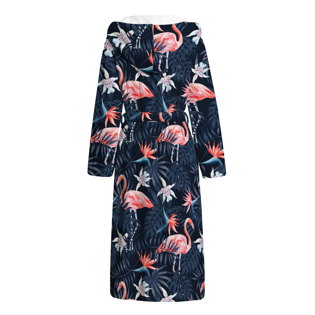 Dark Tropical Flamingo Pattern Print Hooded Bathrobe