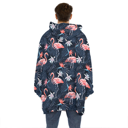 Dark Tropical Flamingo Pattern Print Hoodie Blanket
