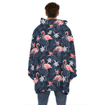 Dark Tropical Flamingo Pattern Print Hoodie Blanket