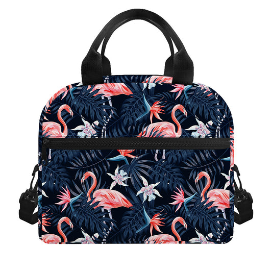 Dark Tropical Flamingo Pattern Print Insulated Lunch Bag