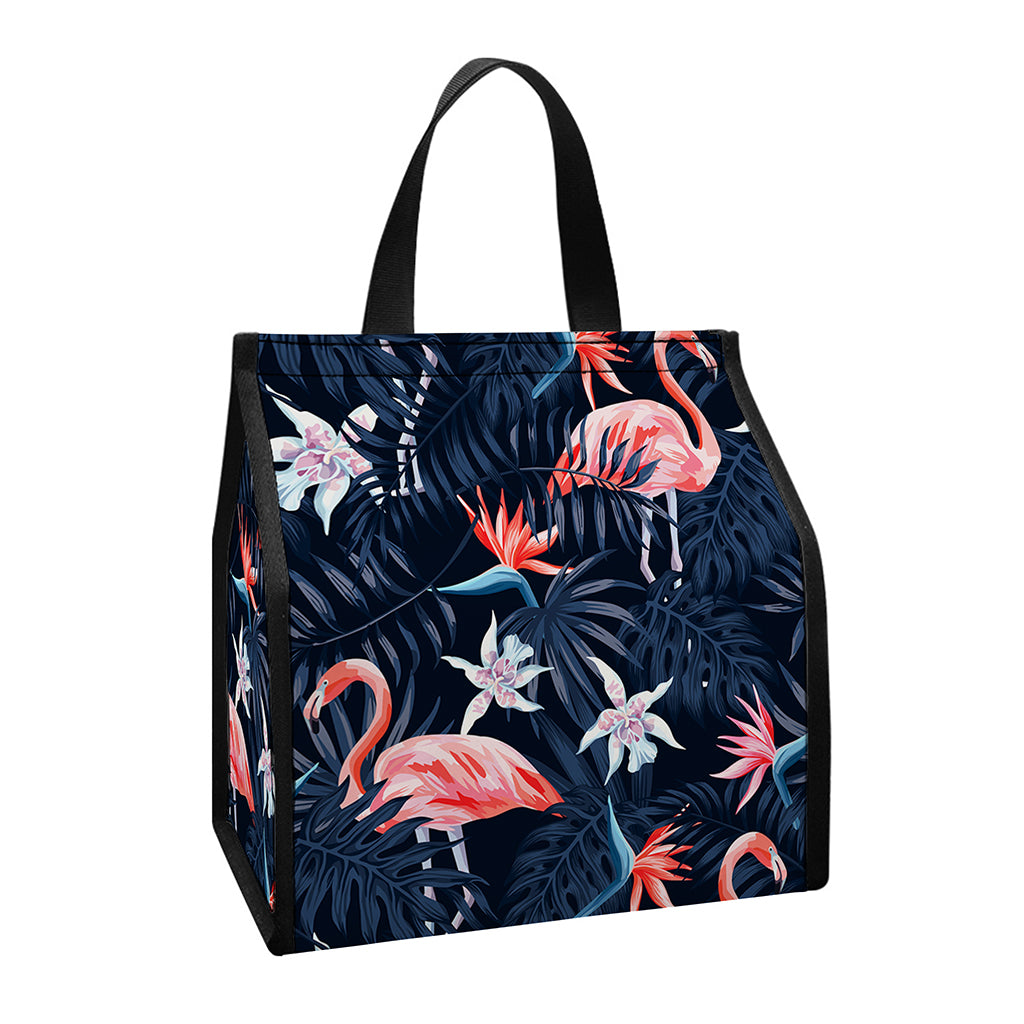 Dark Tropical Flamingo Pattern Print Insulated Lunch Tote