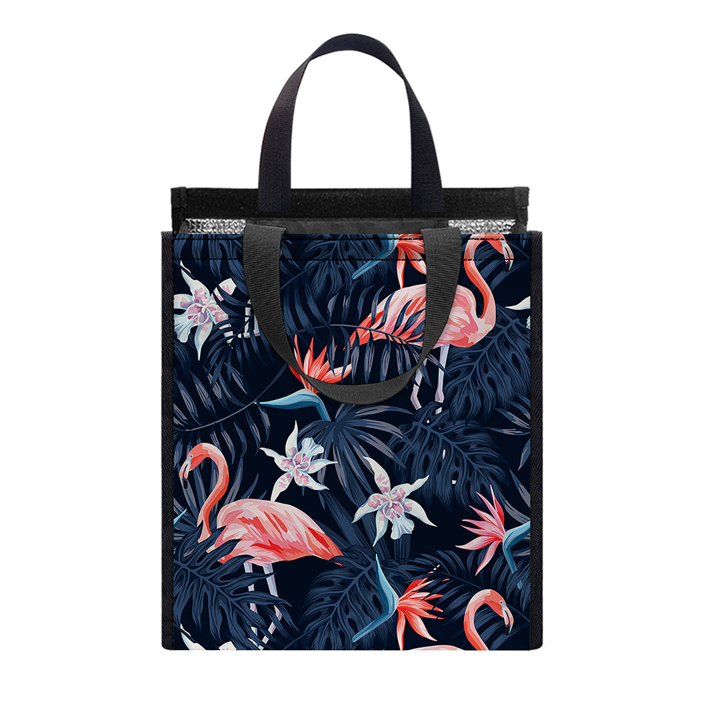 Dark Tropical Flamingo Pattern Print Insulated Lunch Tote