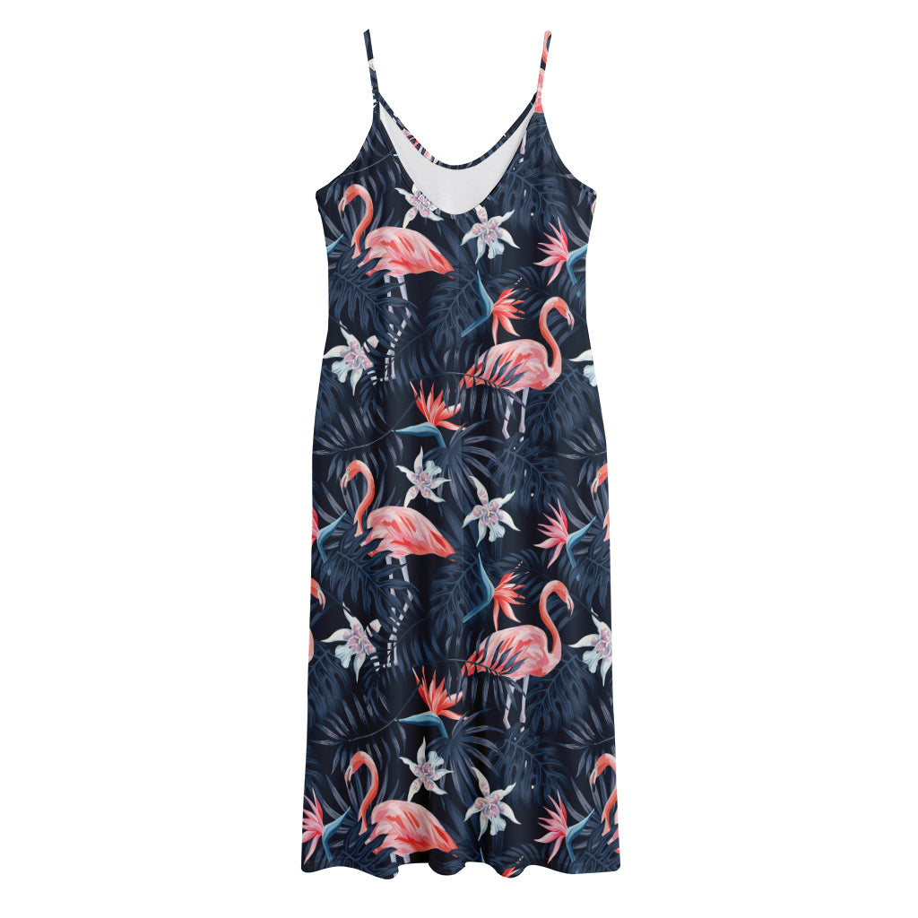 Dark Tropical Flamingo Pattern Print Jersey Midi Cami Dress