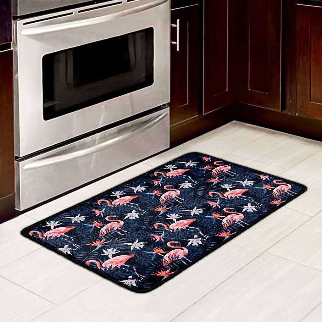 Dark Tropical Flamingo Pattern Print Kitchen Mat