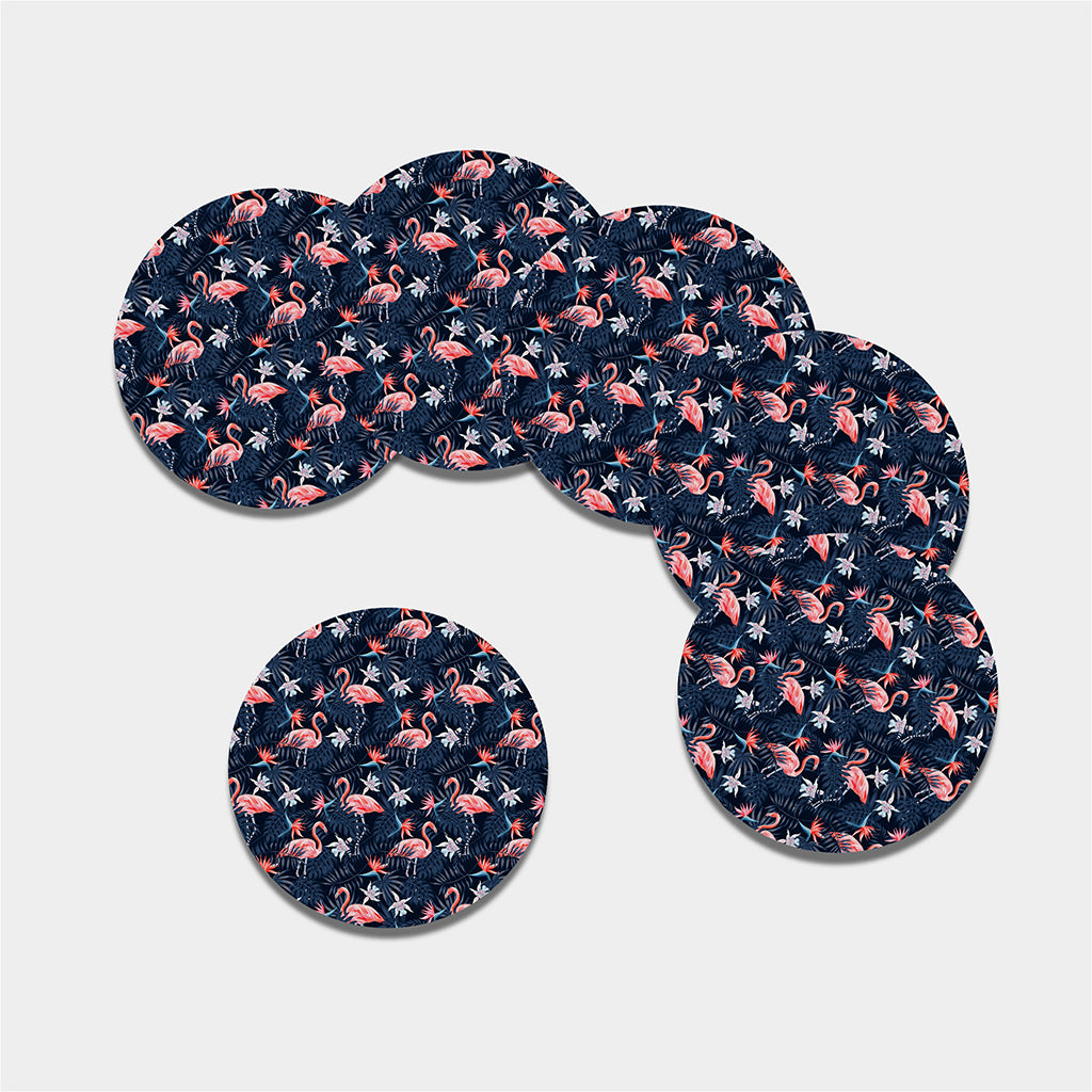 Dark Tropical Flamingo Pattern Print Leather Coaster Set