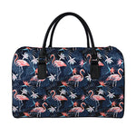 Dark Tropical Flamingo Pattern Print Leather Duffle Bag