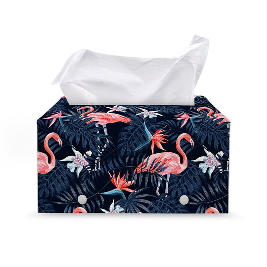 Dark Tropical Flamingo Pattern Print Leather Tissue Box Cover