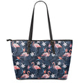 Dark Tropical Flamingo Pattern Print Leather Tote Bag With Zipper
