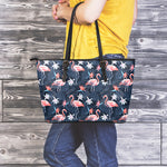 Dark Tropical Flamingo Pattern Print Leather Tote Bag